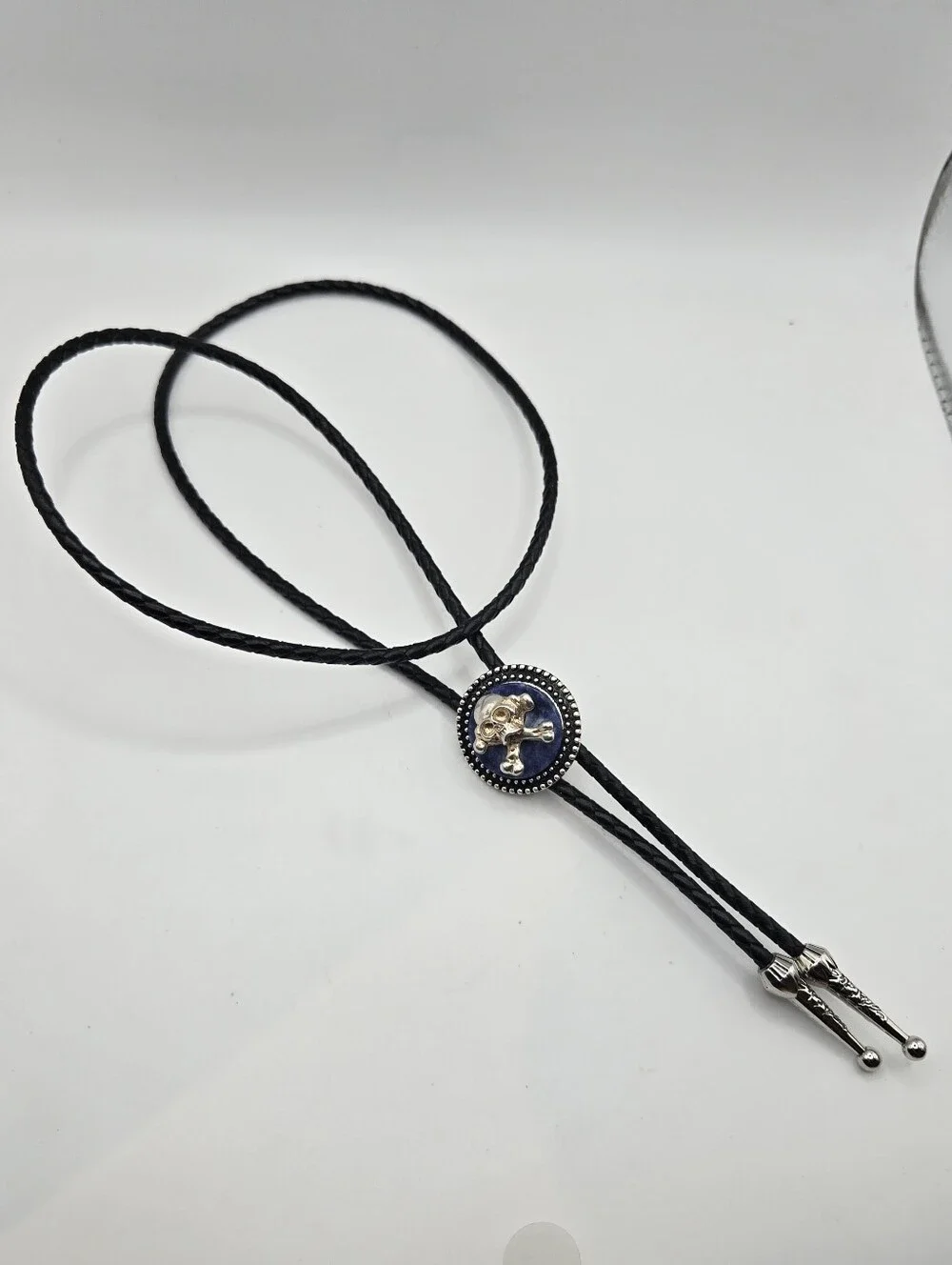 Lapis Silver Skull Western Bolo Tie Punk Pirate Goth Leather Braid Rockstar 70s